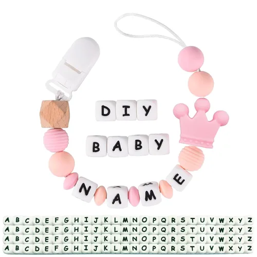 Vista 8 de Clip para chupete personalizado para niños y niñas, 2 juegos de 26 letras de silicona para cochecito con nombre, lindo y duradero, soporte