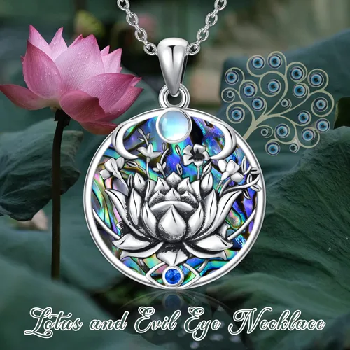Vista 2 de PROESS Lotus Evil Eye Necklace Sterling Silver Lotus Necklace Evil Eye Pendant Necklace Spiritual Protection Jewelry Gifts for Women Men for