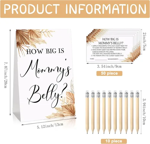 Vista 39 de Sabary 64 Piezas Juegos de Baby Shower Incluyen Letrero How Big is Mommy's Belly Sign Measure Bump Game 50 Tarjetas 10 Lápices 3 Cintas Métricas
