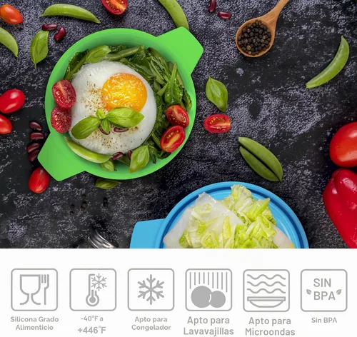 Vista 4 de Bakerpan - Set de 4 recipientes de silicona para microondas para cocinar huevos, 12 cm x 4,4 cm, pequeño tazón con tapa, mini recipiente plegable