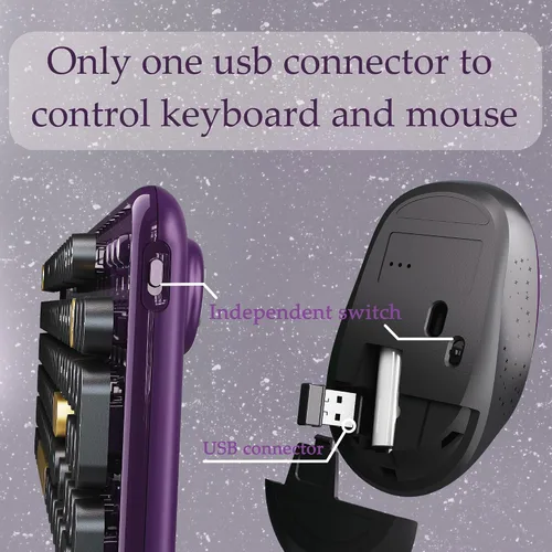 Vista 3 de Combo de teclado y mouse inalámbricos morado, teclado de máquina de escribir de tamaño completo con teclas completas, teclado de computadora retro