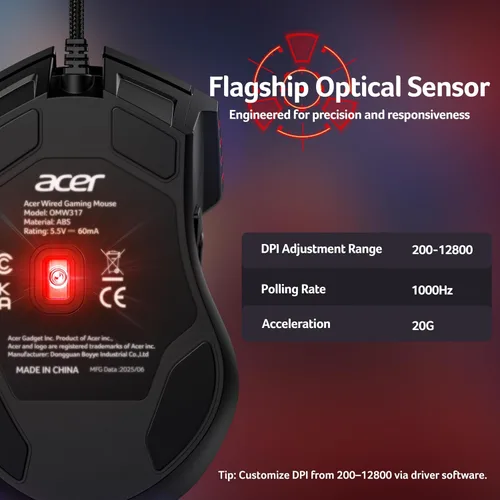 Vista 4 de acer Ratón para juegos con cable, mouse ergonómico RGB de 12,800 DPI con sensor óptico, 8 botones programables, 12 modos retroiluminados, software