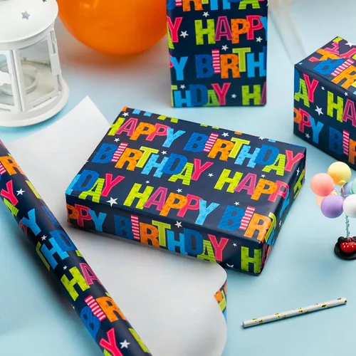 Vista 6 de Garbendy Papel de regalo de cumpleaños – Mini rollo – 17 pulgadas x 16.5 pies – Coloridas letras felices en papel azul papel de regalo perfecto