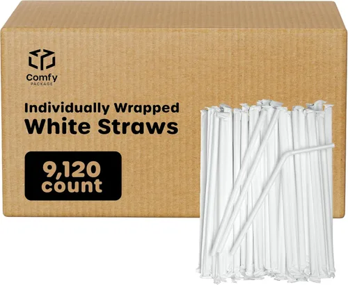 Vista 5 de Comfy Package Pajitas flexibles de plástico desechables envueltas individualmente, sin BPA, color blanco (paquete de 380)