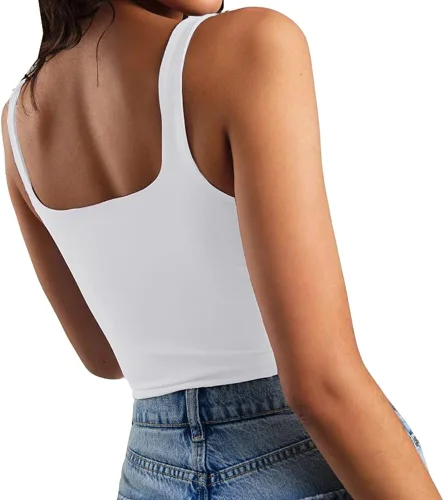 Vista 2 de Artfish - Camiseta corta casual y básica con tirantes delgados y cuello cuadrado, sin mangas, de doble capa, ombliguera para entrenamiento