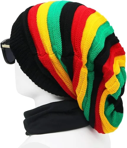 Vista 6 de Gorra unisex de Jamaica Reggae Rasta Slinky Beanie Multicolor a rayas Slouchy Baggie Beanie Skullies Gorro Rasta Hat, Negro
