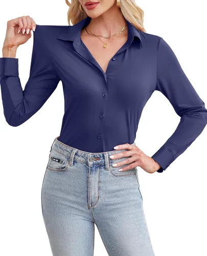Vista 10 de siliteelon Camisa de manga larga con botones para mujer, estilo casual, para el trabajo, con elástico en 4 direcciones, sin arrugas