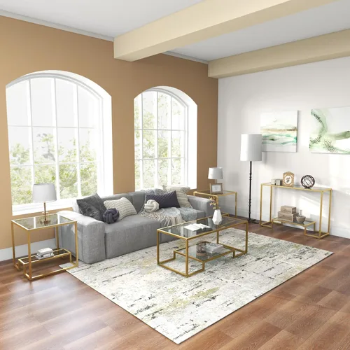 Vista 7 de NAFORT Mesa de centro de cristal templado, mesa central moderna rectangular dorada de 45 pulgadas con estante de almacenamiento inferior