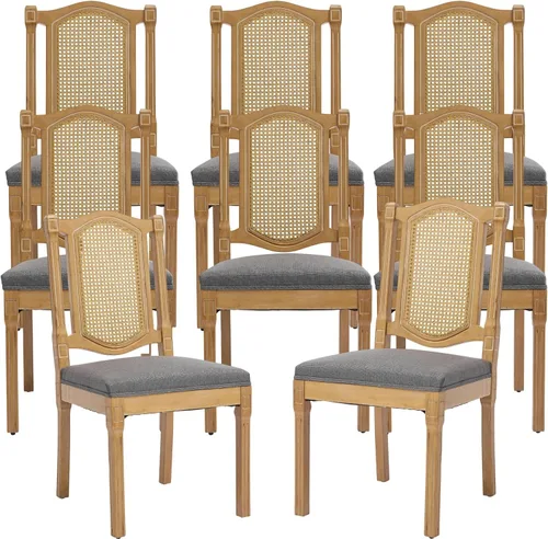 Vista 10 de ODUSE-DAILY Juego de 2 sillas de comedor French Country color beige, sillas de comedor de madera bohemia con respaldo tejido y asiento tapizado