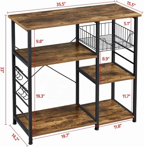 Vista 3 de Yaheetech - Estante de cocina para hornear de 4 niveles, carrito con soporte para microondas y barra de café con cesta de alambre y 6 ganchos
