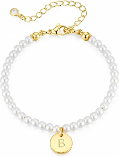 Vista 33 de Ursteel Pulsera de Perlas con Inicial para Mujer - Delicada Pulsera de Cuentas de Perlas con Letra Chapada en Oro de 14 Quilates para Mujer