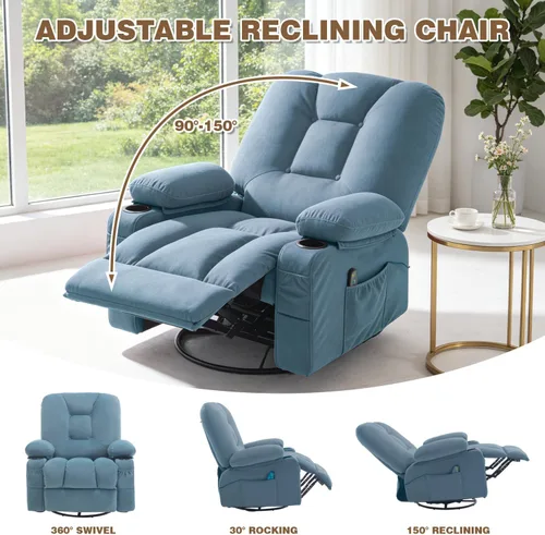 Vista 7 de Rocker - Silla reclinable con masaje y calor, sillón reclinable giratorio con relleno con soporte para tazas, bolsillo lateral USB, sofá mecedora