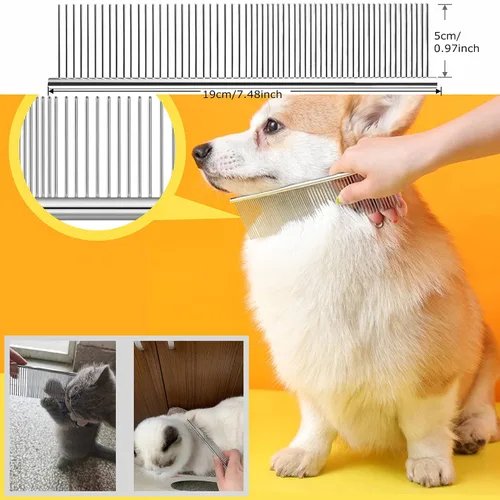 Vista 6 de Rastrillo de aseo para perros de pelo largo, rastrillo de dientes largos + peine de acero inoxidable para perros, juego de herramientas