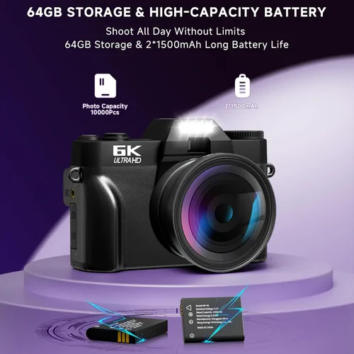 Vista 7 de Cámara digital 6K para fotografía con enfoque automático, cámara de videoblogs WiFi de 64 megapíxeles para YouTube con pantalla giratoria de 3