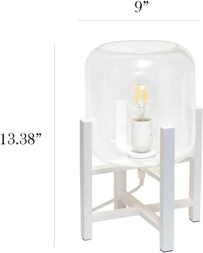 Vista 4 de Simple Designs LT1068-WHT Lámpara de mesa cilíndrica de vidrio montada en madera, blanco/transparente, 9 x 9 x 13.38 pulgadas