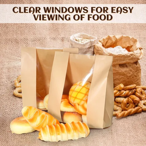 Vista 7 de Meanplan 150 bolsas de panadería con ventana, bolsas grandes de papel para pan casero, embalaje Kraft con 10 hojas de calcomanías para pan de masa