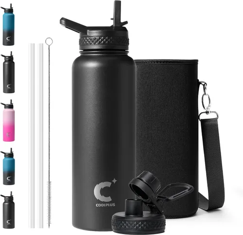 Vista 14 de Coolplus - Botella de agua de 32 onzas aislada, termo de agua de acero inoxidable con popote de metal de doble pared al vacío con funda de Negro