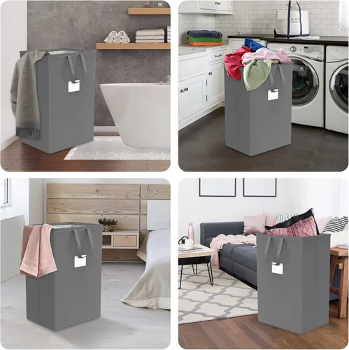 Vista 6 de Canasta de lavandería grande plegable de 75L con asas, cesta de ropa sucia impermeable para dormitorio, canasta de lavandería alta independiente
