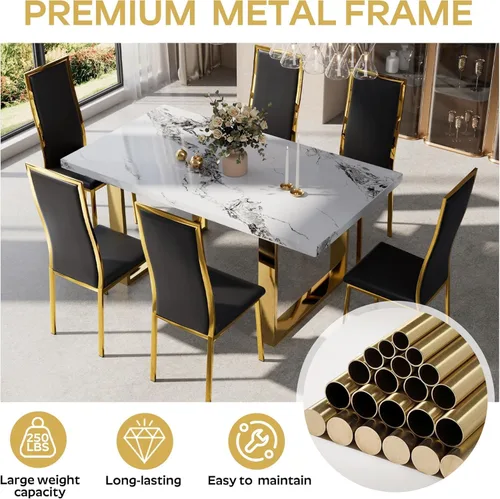 Vista 4 de Juego de 2 sillas de comedor modernas, piel sintética negra con patas de metal dorado cromado, diseño de respaldo alto curvo y acolchado tipo nube
