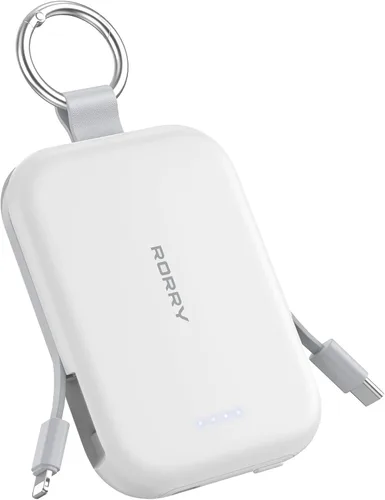 Vista 9 de RORRY Cargador portátil, batería externa de 5000mAh con cables incorporados, paquete de batería de llavero de viaje para iPhone 17/16/15/14/13/12