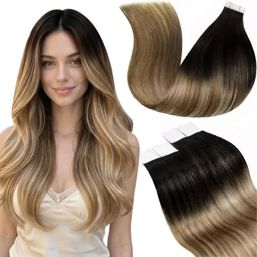 Vista 89 de LaaVoo - Extensiones de cabello humano con cinta adhesiva, color marrón a rubio ceniza, extensiones de cabello humano real, cintas en extensiones