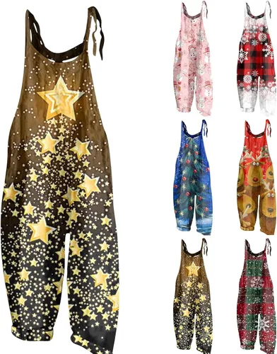 Vista 4 de Basysin Mono de Navidad para mujer, vintage, talla grande, overol con estampado de muñeco de nieve de Navidad, monos de lino de algodón de una pieza