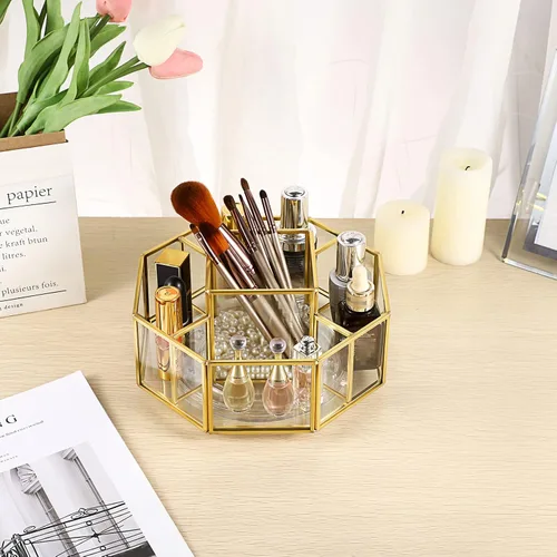 Vista 2 de Hipiwe Organizador de maquillaje de vidrio giratorio de 360 grados, 5 ranuras de metal dorado, soporte de exhibición de almacenamiento de cosméticos