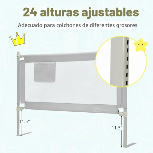 Vista 9 de BABY JOY Riel de cama para niños pequeños, 57 pulgadas, extra largo, altura ajustable, plegable, con bolsillo de almacenamiento y doble bloqueo
