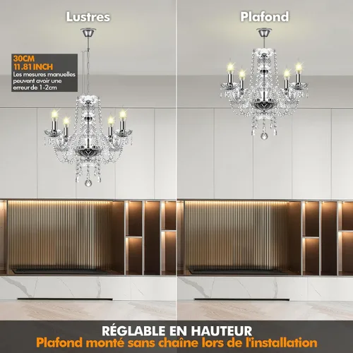 Vista 3 de Ridgeyard Candelabro transparente de 4 brazos con forma de gota de lluvia de cristal, lámpara de techo empotrada para comedor, sala de estar