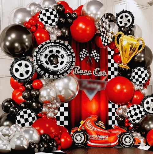 Vista 3 de Kit de Arco de Globos TODO EN 1 para Autos de Carreras con TROFEO BONUS y Número 2 - Kit de Guirnalda de Globos de Autos para Suministros de Fiesta
