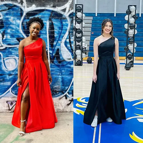 Vista 4 de GUKARLEED Vestido de fiesta largo con un hombro para mujer, vestido de baile largo con abertura alta, corsé de satén, vestidos formales, vestido