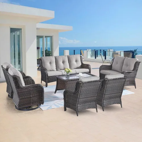Vista 32 de Belord Mesa auxiliar pequeña para exteriores, mesa de mimbre de vidrio templado, mesa de centro impermeable para patio, mesa auxiliar de ratán