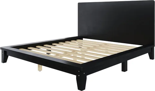 Vista 6 de JIVOIT Base de cama de plataforma de tamaño matrimonial con cabecero, cama de plataforma de madera estilo retro con patas de madera maciza Negro