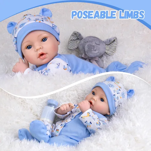 Vista 4 de Aori Reborn Baby Dolls Boy - Muñeca realista de bebé recién nacido de 18'' con juego de alimentación azul y certificado de nacimiento - Cuerpo