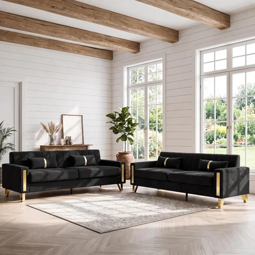 Vista 14 de Sofá de dos plazas para sala de estar, sofá de terciopelo beige de 86 pulgadas con 2 almohadas y patas de metal dorado, sofá tapizado moderno sofá