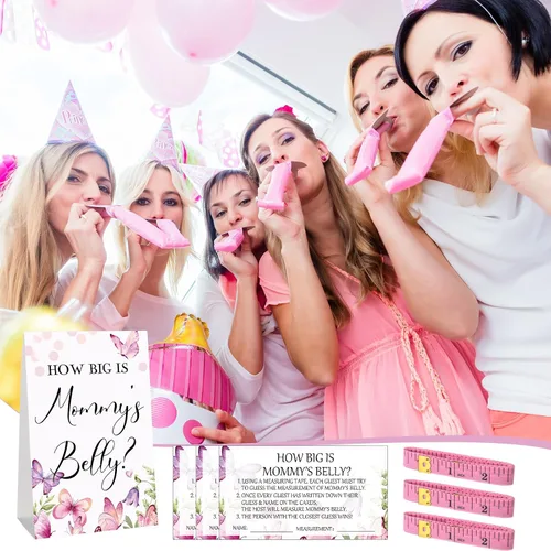 Vista 55 de Sabary 64 Piezas Juegos de Baby Shower Incluyen Letrero How Big is Mommy's Belly Sign Measure Bump Game 50 Tarjetas 10 Lápices 3 Cintas Métricas