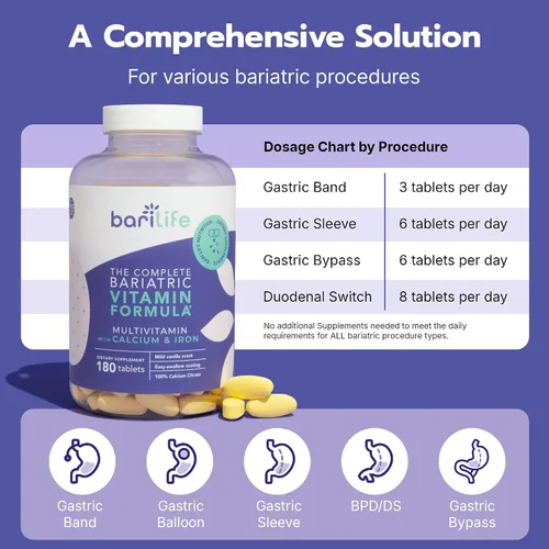 Vista 3 de Bari Life Completo multivitamínico bariátrico comprimido no masticable con citrato de calcio y hierro - 180 comprimidos/botella