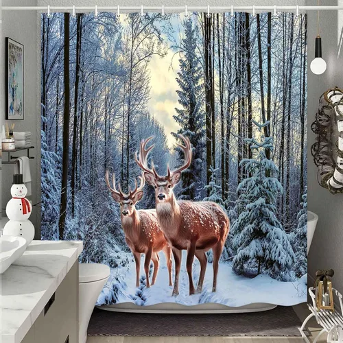 Vista 2 de MERCHR Cortina de Ducha de Nieve de Bosque Invernal, Cortina de Ducha de Pino Navideño y Venado Copo de Nieve para Baño, Decoración Festiva Navideña