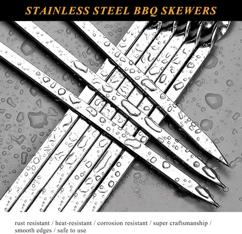 Vista 4 de Brochetas de metal para parrilla, paquete de 50 brochetas de 14.8 pulgadas, brochetas planas para barbacoa, juego de brochetas reutilizables