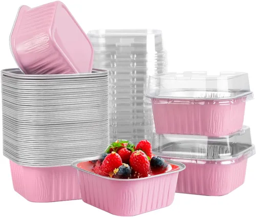 Vista 8 de 50 Pcs Mini Square Baking Cups with Lids,5oz Aluminum Foil Mini Cake Pans with Lids,Disposable Ramekins Cake Pans,150ml Dessert Cups Cupcake Pans
