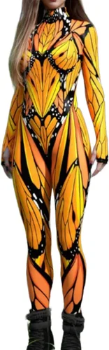 Vista 8 de Enterizo ajustado unisex para adultos, con estampado 3D en 3D de cuello alto, overol tipo unitardo Naranja Negro-1033