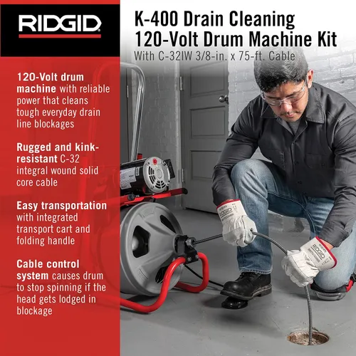 Vista 2 de Ridgid 52363 Modelo K-400 Kit de Máquina de Tambor de Limpieza de Drenaje de 120 Voltios con Cable C-32IW de 3/8" x 75