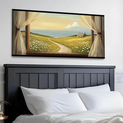 Vista 3 de Arte de pared costero vintage de 30 x 60 pulgadas, paisaje de ventana, granja, paisaje, naturaleza, pintura cálida, impresión sobre lienzo, arte