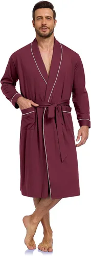 Vista 8 de COLORFULLEAF Bata de baño para hombre, 100% algodón, ligera, larga, ropa de dormir de punto suave, bata de spa con bolsillos Verde militar
