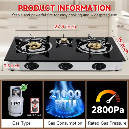 Vista 2 de Cocina de gas propano, estufa de gas de 3 quemadores portátil, vidrio templado de 0.28 pulgadas, encendido automático, 3 quemadores GLP para RV