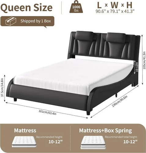 Vista 2 de Keyluv Armazón de cama moderno tapizado con plataforma con cabecera LED ajustable y diseño de curva ondulada y soporte de listones de madera sólida