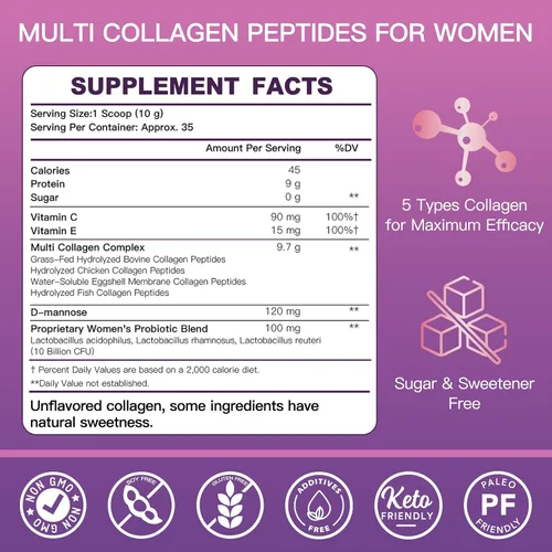 Vista 2 de ZEBORA Polvo de péptidos de colágeno múltiple para mujeres, péptidos de colágeno hidrolizados con D-manosa y probióticos para mujeres, apoya