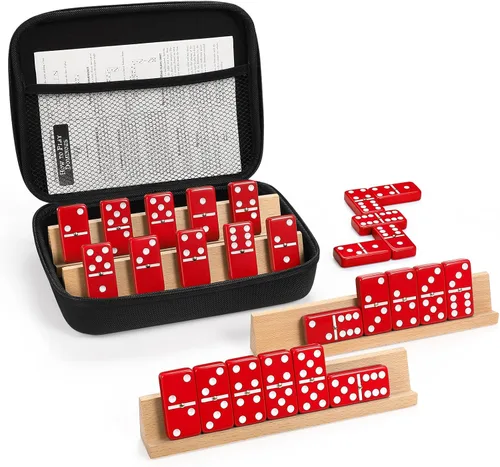 Vista 8 de Juego de dominós jumbo para adultos con 4 estantes/bandejas de madera, juego de dominós doble 6 para viajes con estuche portátil, juego de dominós