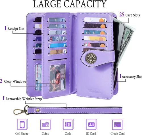 Vista 2 de Travelambo Cartera de mujer con bloqueo RFID para tarjetas de crédito, cartera de cuero de gran capacidad
