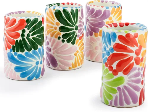 Vista 21 de Juego de 4 vasos de chupito Talavera auténticos mexicanos para tequila - Pintados a mano - 2 Oz (Corazón Azul)